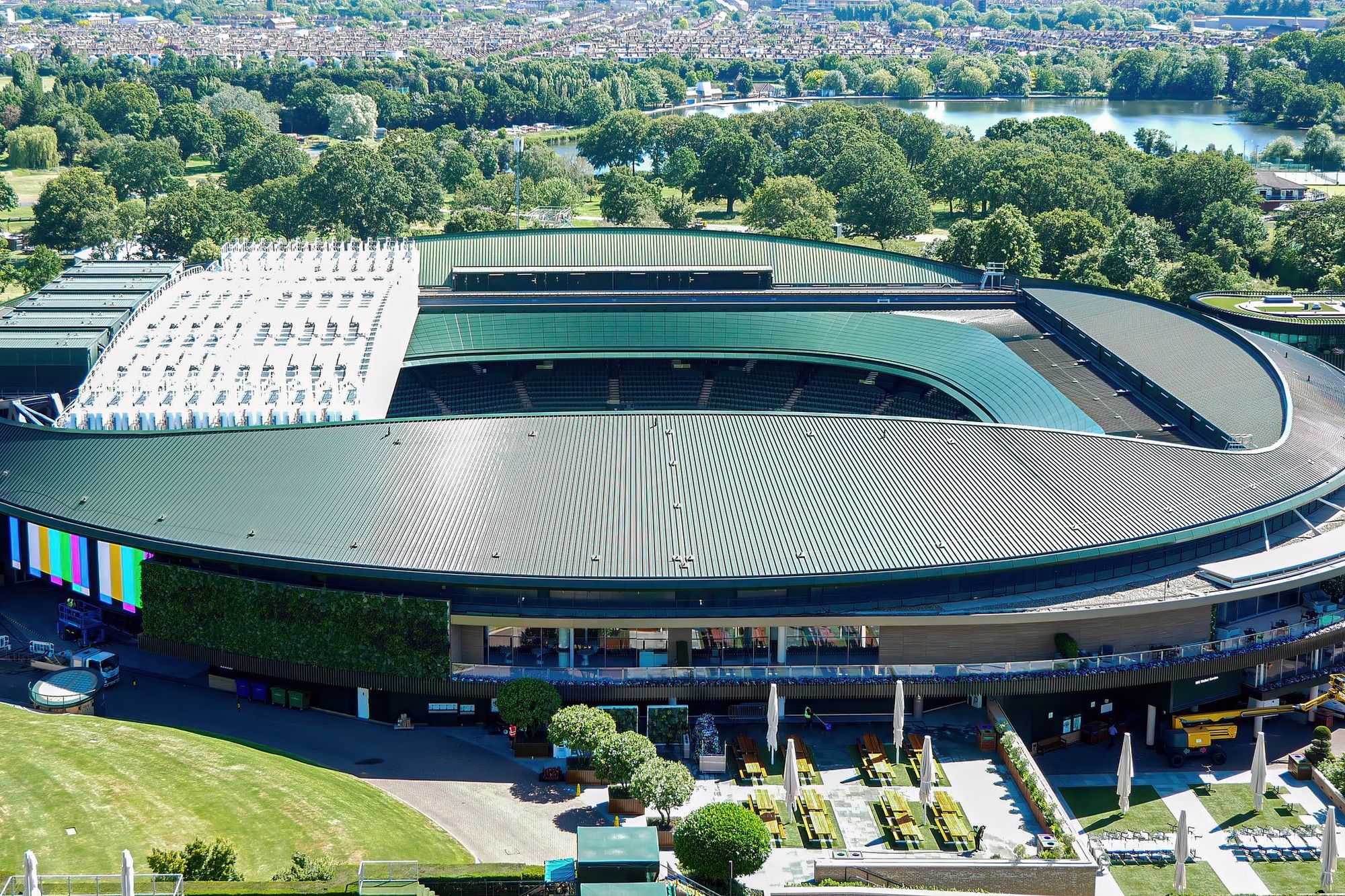 Aerial view of the Wimbledon tennis stadium and grounds in summer