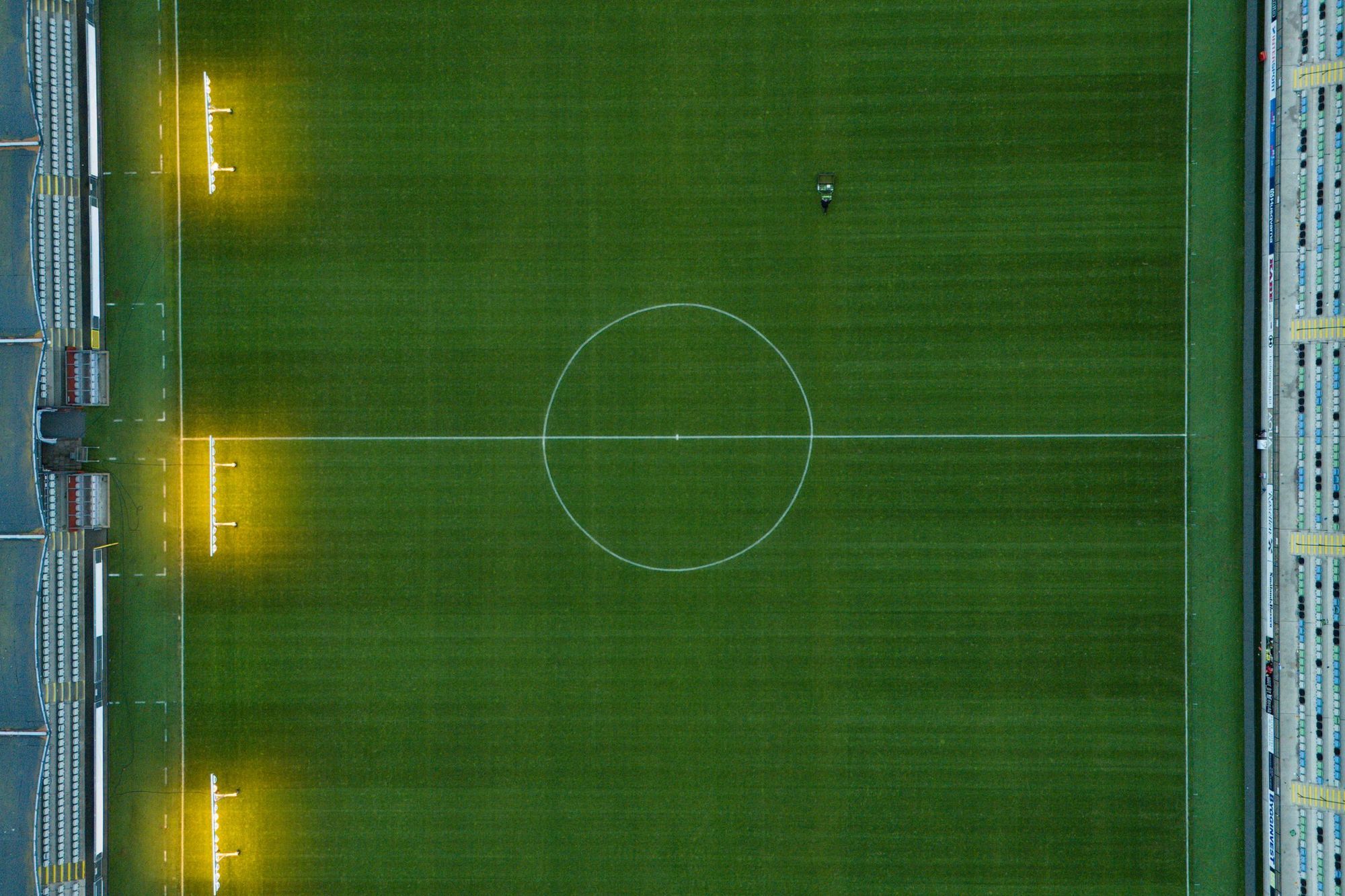 Aerial view of an empty football pitch and floodlights in Jönköping, Sweden