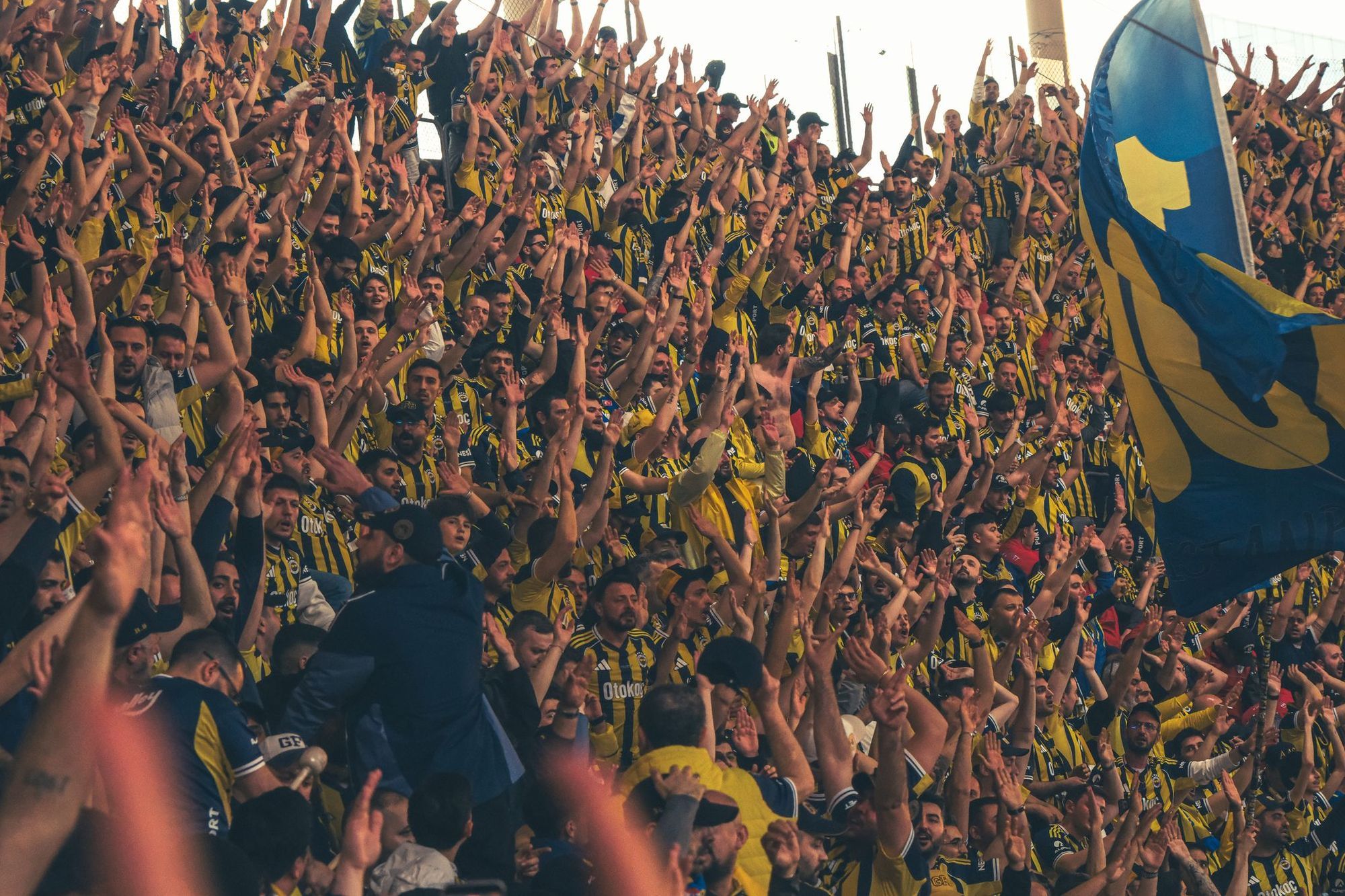 A packed stand of football fans with raised arms and a waving flag